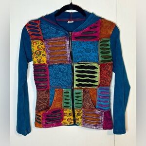 Modas Bagdad Patchwork Razor Cut Hoodie Full Zip Retro Hippie Boho Size Medium